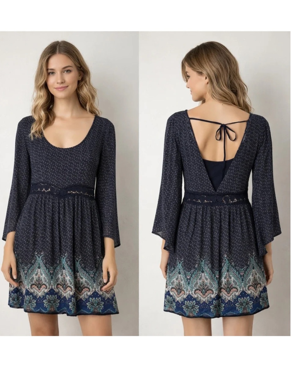 Hollister Boho Bell Sleeve Mini Dress Blue Paisley Size S